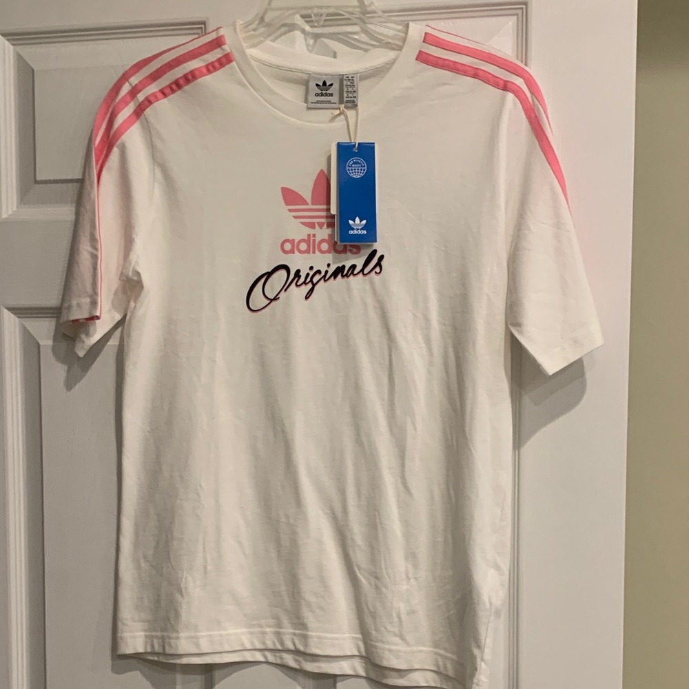 Adidas Kids XL White Tee with Pink Stripes